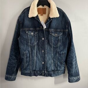 American Eagle Outfitters Blue Denim Jacket with Cream Sherpa Collar
